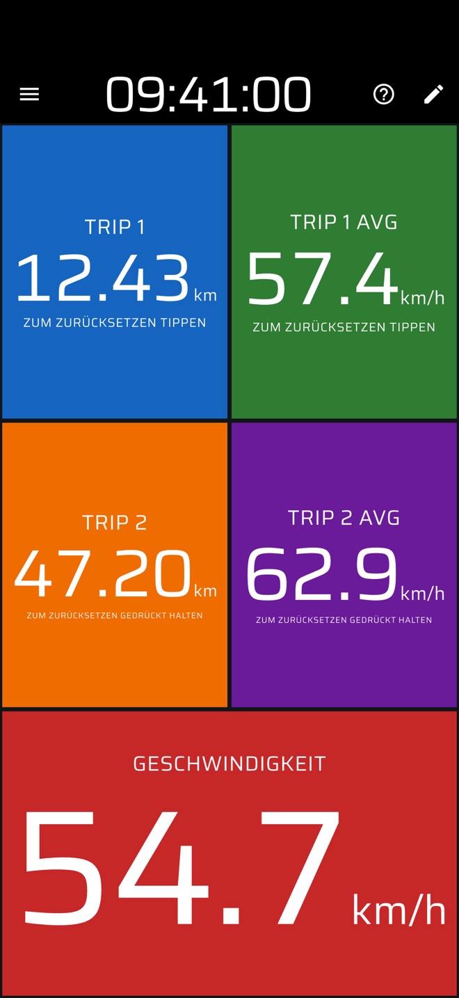 Eigenes Layout mit farbigen Kacheln für Trip, Schnitt und Geschwindigkeit