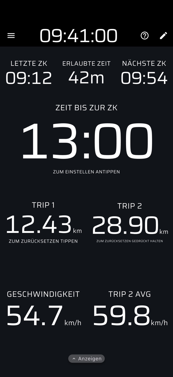 Verbindungsetappe mit letzter ZK, Sollzeit, nächster ZK und Countdown