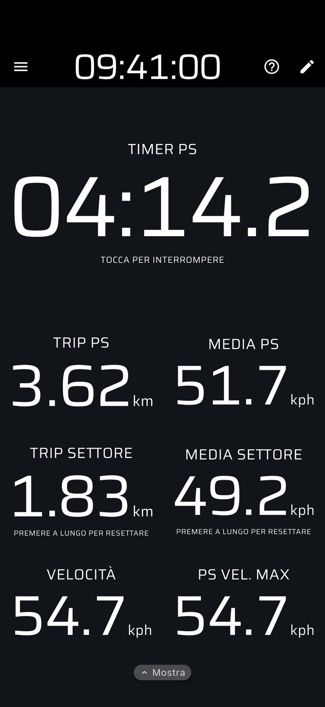 Cronometro di prova con trip di prova e di settore, medie e velocità