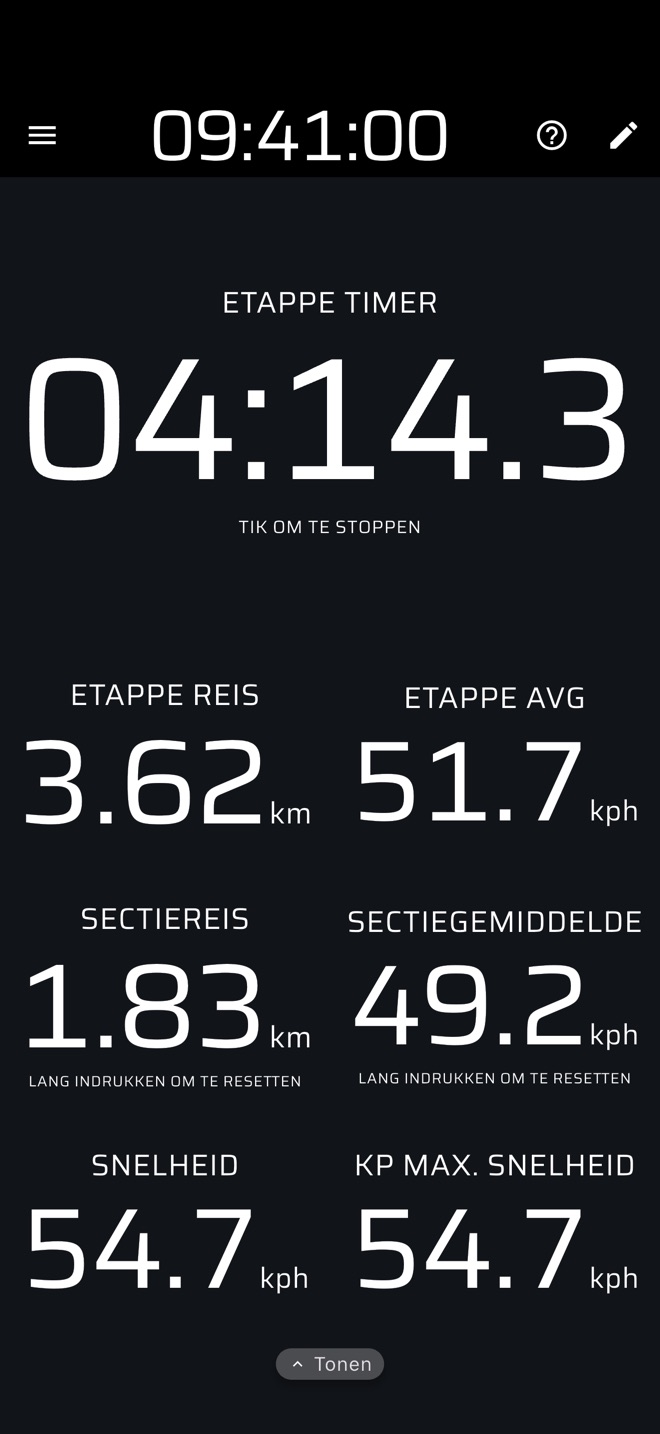 Proeftimer met proef- en sectietrip, gemiddelden en snelheid