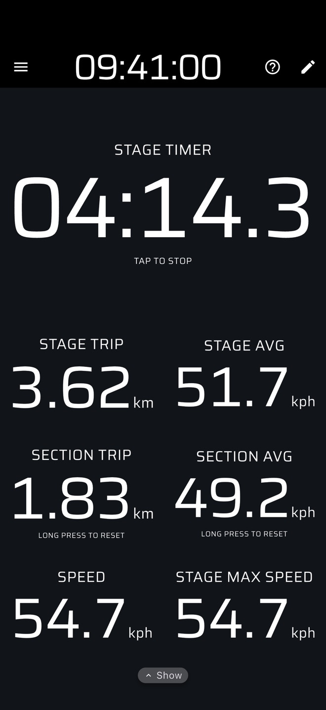 Stage timer with stage and section trip, averages and speed
