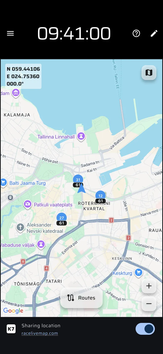 režim Mapa s účastníky a tlačítkem Trasy