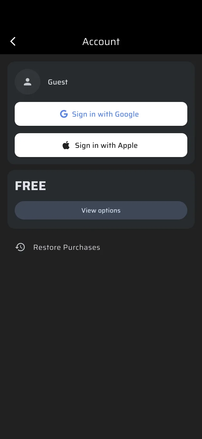the Account screen of a guest, with the Google and Apple sign-in buttons