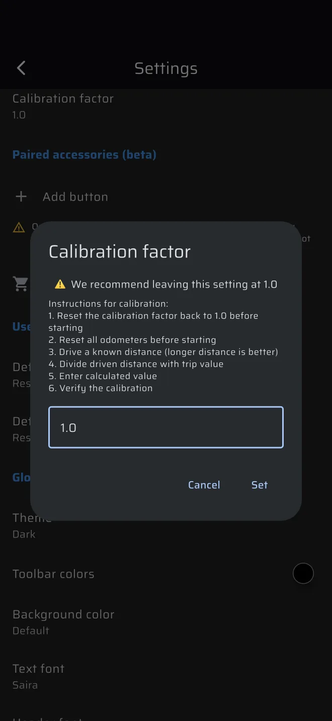 Settings > Calibration factor dialog