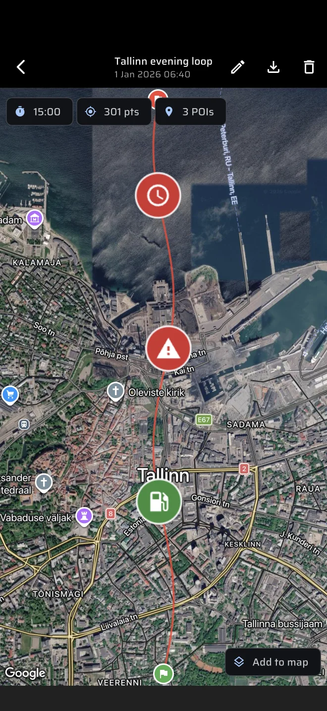 la pantalla de la ruta con el track, las etiquetas y los marcadores de POI