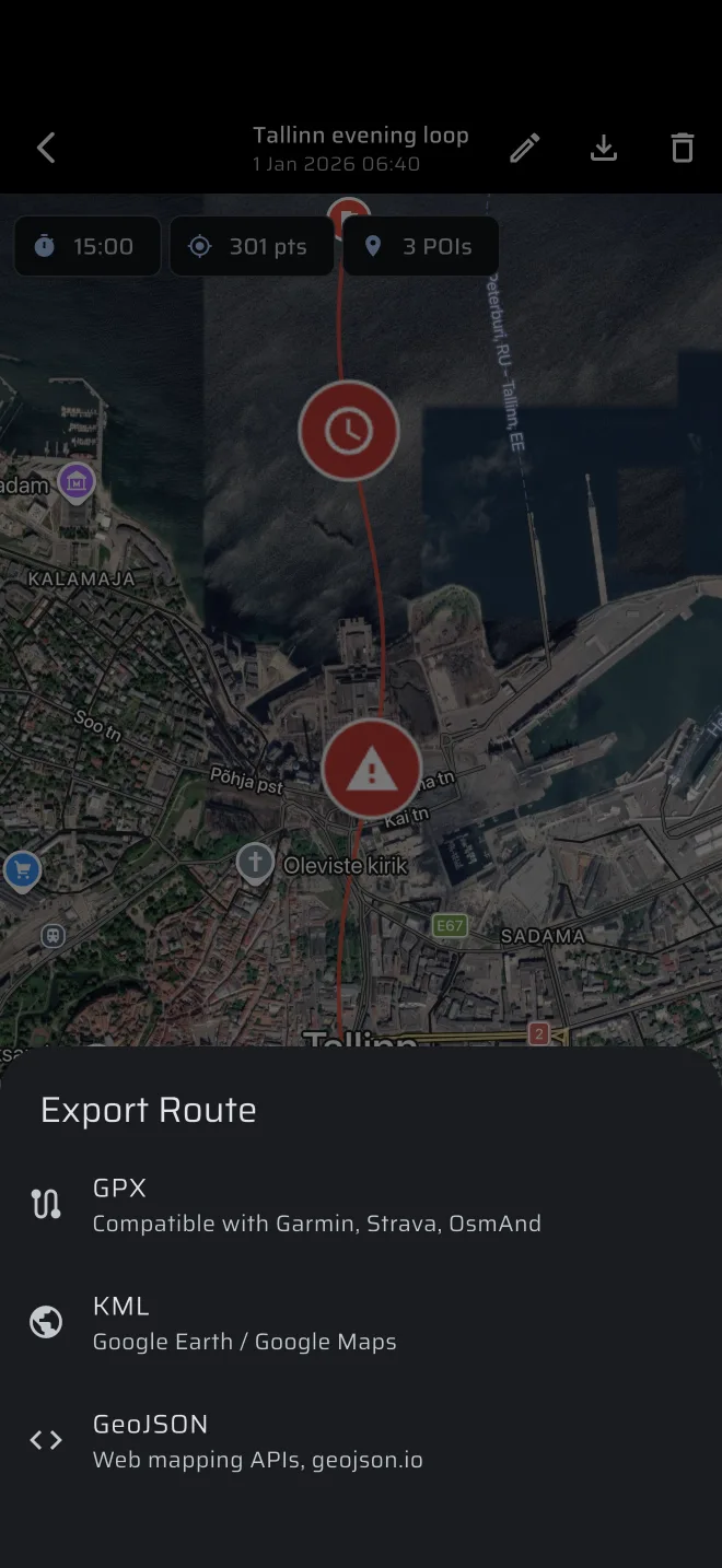 la hoja Exportar ruta con GPX, KML y GeoJSON