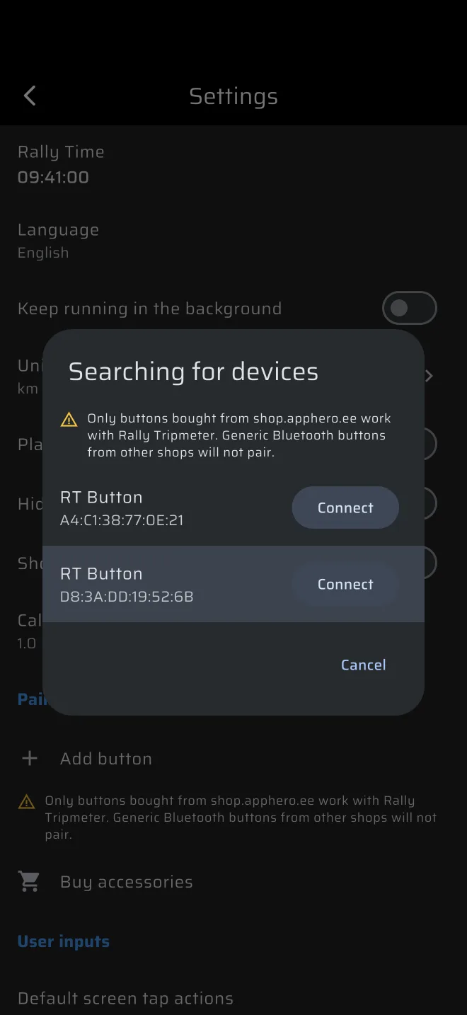 fenêtre Recherche d'appareils avec une ligne allumée